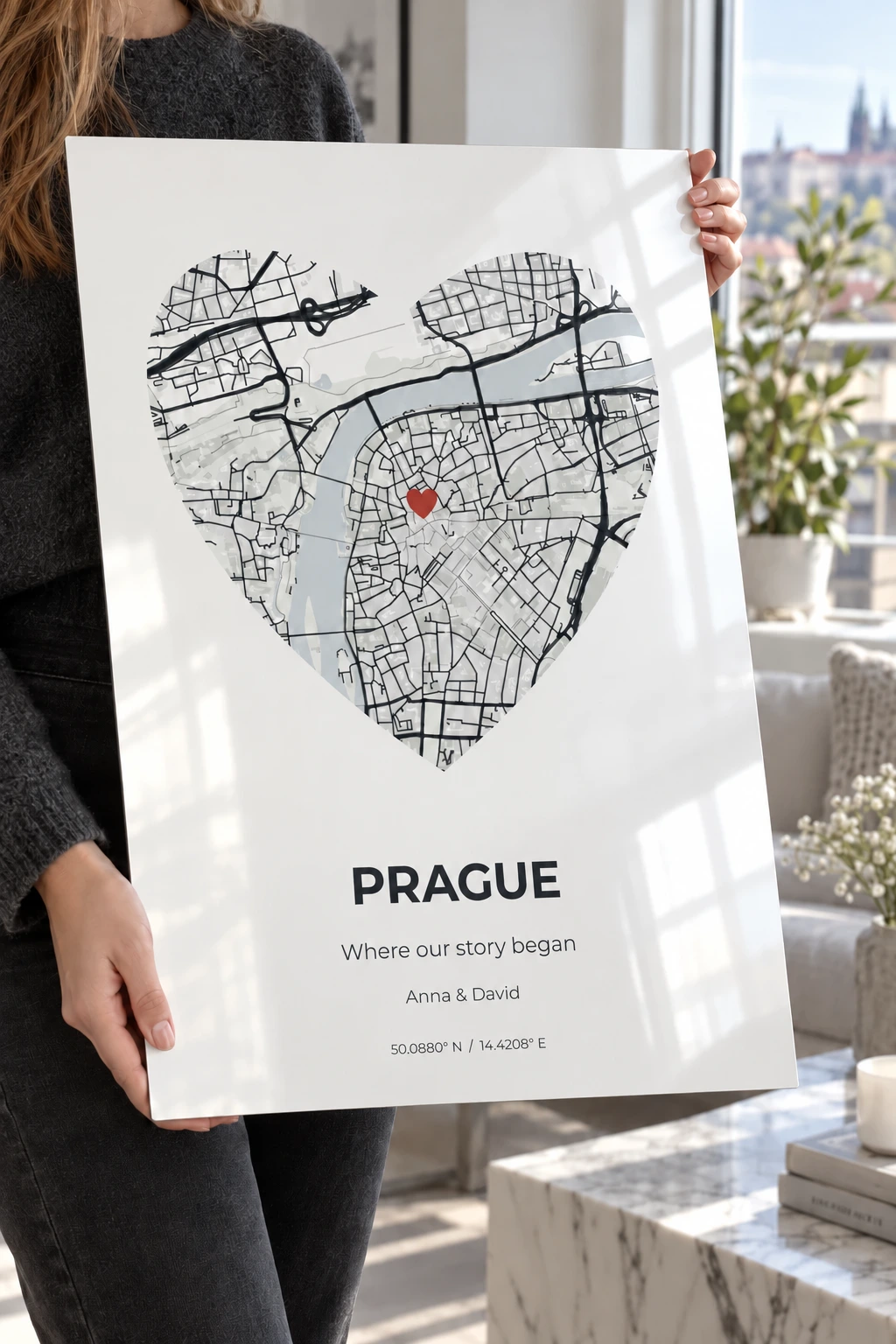Bílá mapa PRAGUE se srdcem a anglickým věnováním