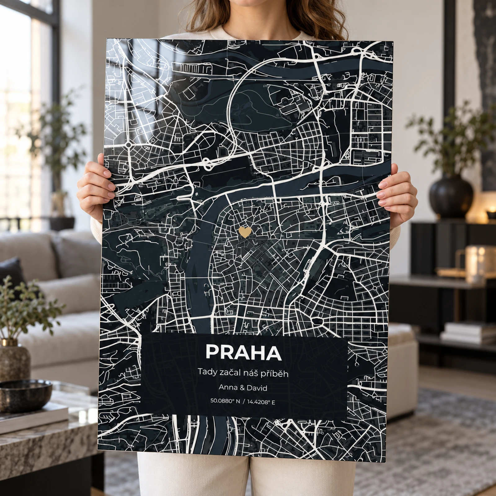 Černá mapa Prahy na lesklém kovu